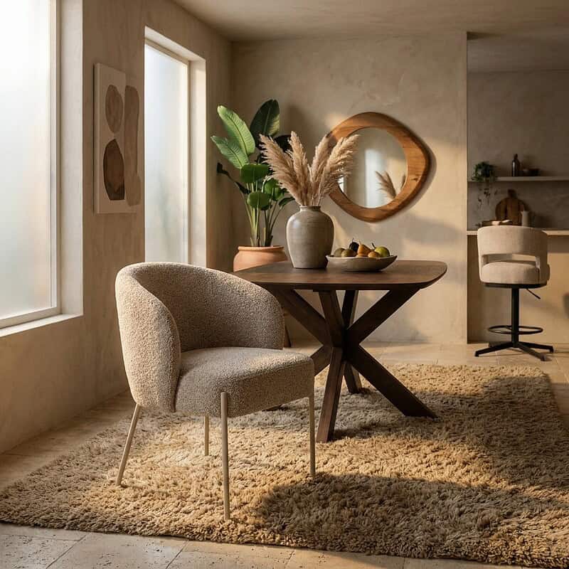 Gezellige woonkamer met een moderne houten eettafel, comfortabele stoel en decoratieve planten, perfect voor een stijlvolle en warme woonruimte.