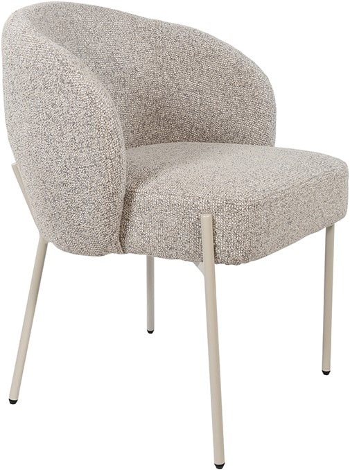 Moderne stoffen fauteuil met ronde vorm, comfortabele zitting en lichte metalen poten, perfect voor een stijlvolle woonkamer of kantoor.