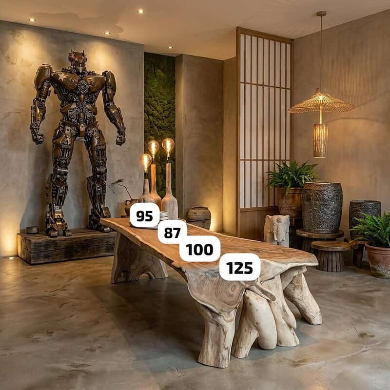 Robuuste massief boomstamtafel van Suarhout van 320cm met unieke houten poot, perfect voor een natuurlijke en stijlvolle eetkamer of vergaderruimte.