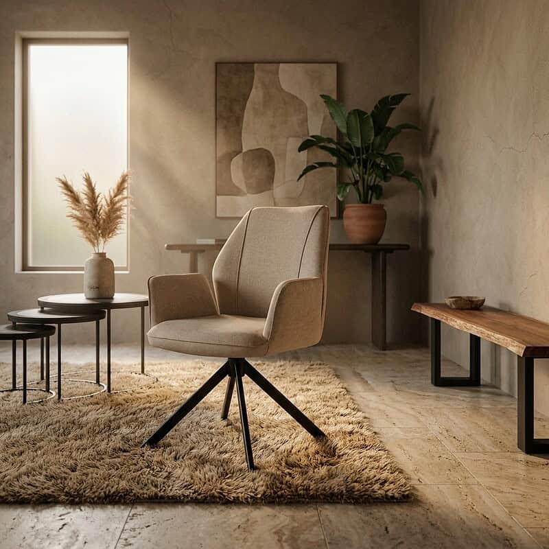 Comfortabele beige fauteuil met houten pootjes in een stijlvolle woonkamer, omringd door natuurlijke decoratie en minimalistisch meubilair.