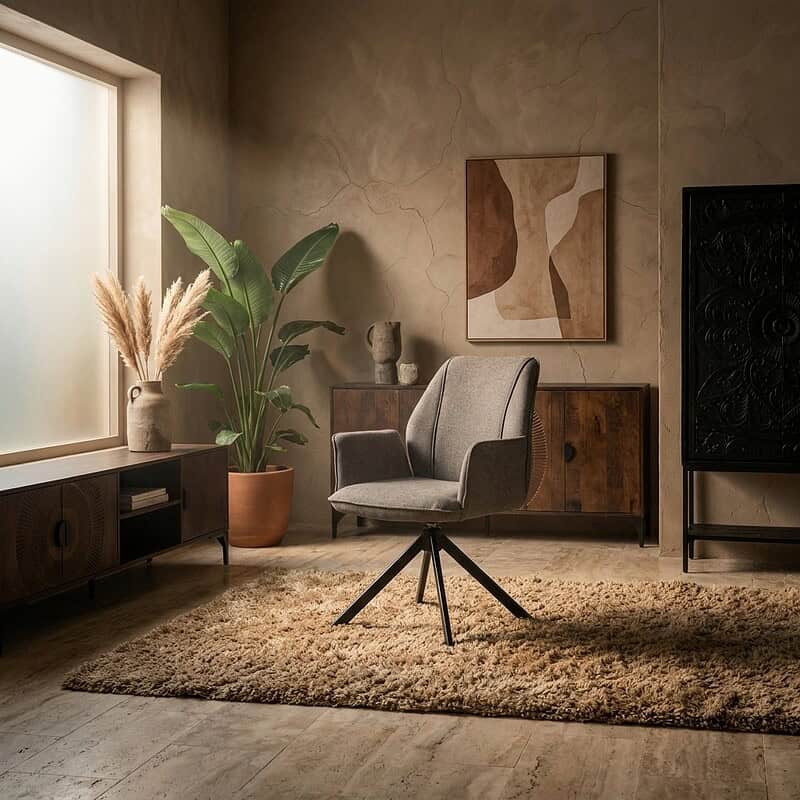 Een stijlvolle woonkamer ingericht met een comfortabele fauteuil, grote groene planten en natuurlijke decoratie. Perfect voor een warme, gezellige sfeer met hoogwaardige meubels van Mokana.