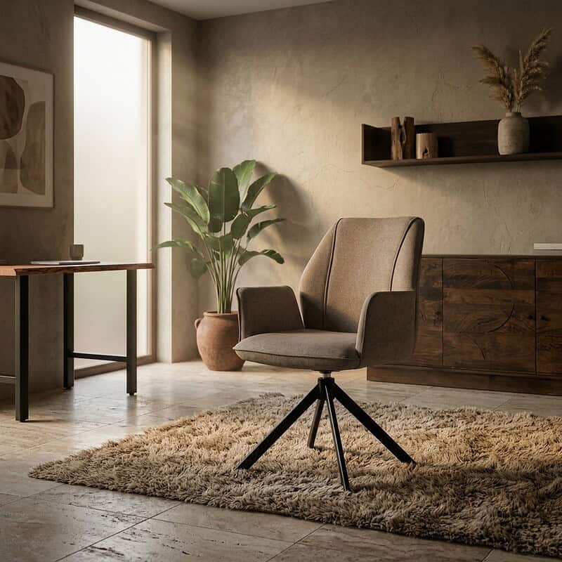 Moderne woonkamer met een stijlvolle, comfortabele fauteuil op een zachte tapijtvloer, naast een grote plant en houten meubelen, in een lichte, natuurlijke sfeer.