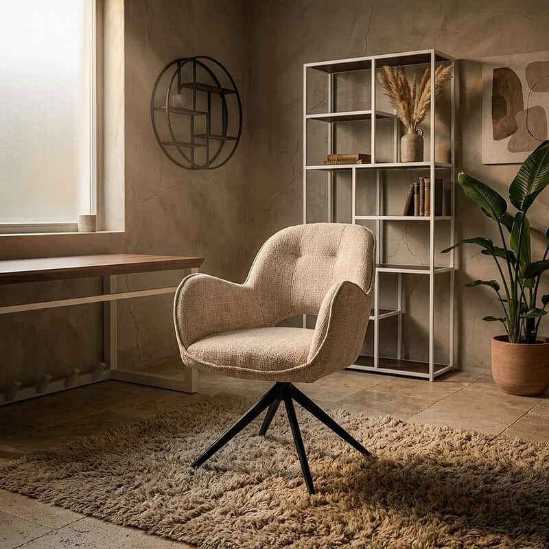Comfortabele beige bureaustoel met draaibaar onderstel in een stijlvolle, minimalistische woonkamer met boekenkast, planten en natuurlijke lichtinval.