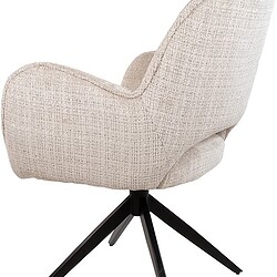 Draaistoel met zachte, beige stoffen bekleding en zwarte houten poten, ideaal voor een stijlvolle en comfortabele zithoek in huis of kantoor.