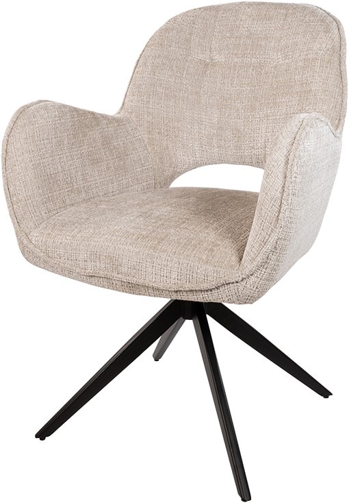 Comfortabele beige lounge stoel met zachte bekleding en zwarte houten poten, ideaal voor moderne woonruimtes en ontspanning.