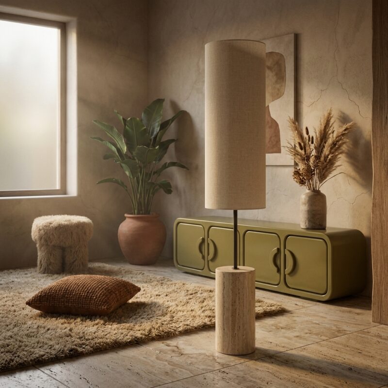 Amara Large tafellamp in natuurlijk travertijn en linnen kap CONT collectie