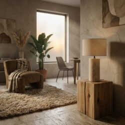 Amara small tafellamp in natuurlijk travertijn en linnen kap CONT collectie