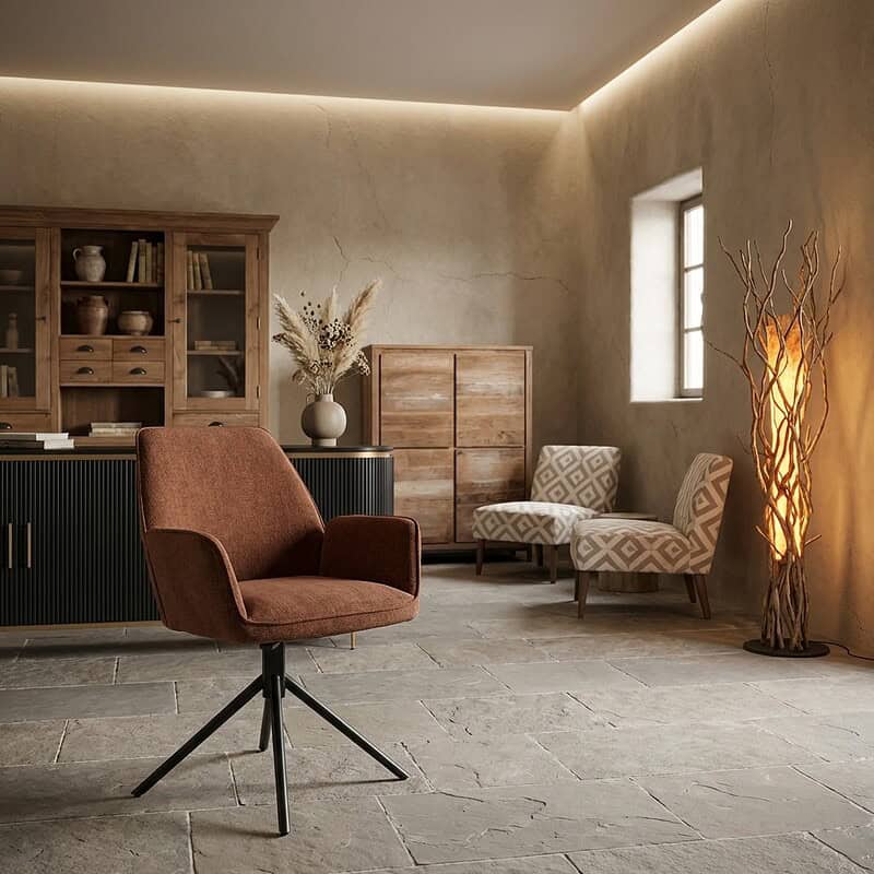 Moderne draaibare armstoel in stof Nature 500 Pearl koper, perfect voor een stijlvolle en comfortabele zithoek.