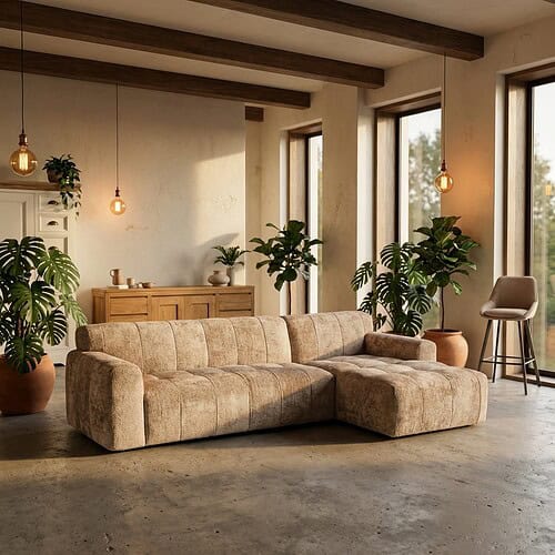 Mokana Meubelen - Moderne woonkamer met bank en planten Ontdek stijlvolle en comfortabele meubels bij Mokana Meubelen, inclusief een luxe bank en groene planten voor een warme, uitnodigende sfeer in uw woonkamer.