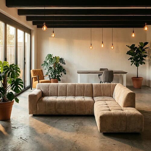 Bank met moderne, beige stoffen bekleding en chaise longue, in een stijlvolle woonkamer met grote ramen en groene planten. Bank met moderne, beige stoffen bekleding en chaise longue, in een stijlvolle woonkamer met grote ramen en groene planten, perfect voor een gezellige en eigentijdse inrichting.