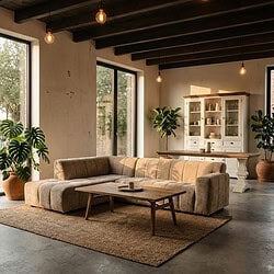 Moderne houten loungebank in een lichte, ruime woonkamer met grote ramen, groene planten en warme verlichting voor een gezellige sfeer.