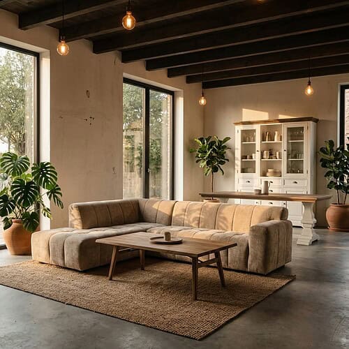 Houten Loungebank in Woonkamer Moderne houten loungebank in een lichte, ruime woonkamer met grote ramen, groene planten en warme verlichting voor een gezellige sfeer.