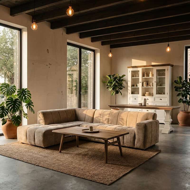 Moderne houten loungebank in een lichte, ruime woonkamer met grote ramen, groene planten en warme verlichting voor een gezellige sfeer.