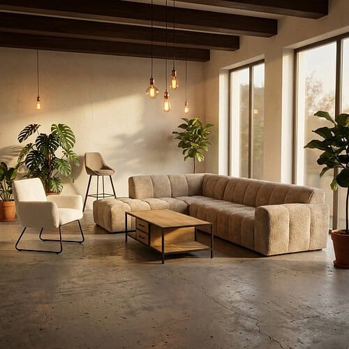 Modern woonkamer met comfortabele bank en groene planten Gezellige woonkamer met een grote beige bank, groene planten en grote ramen die natuurlijk licht binnenlaten, perfect voor een stijlvolle en comfortabele leefruimte.