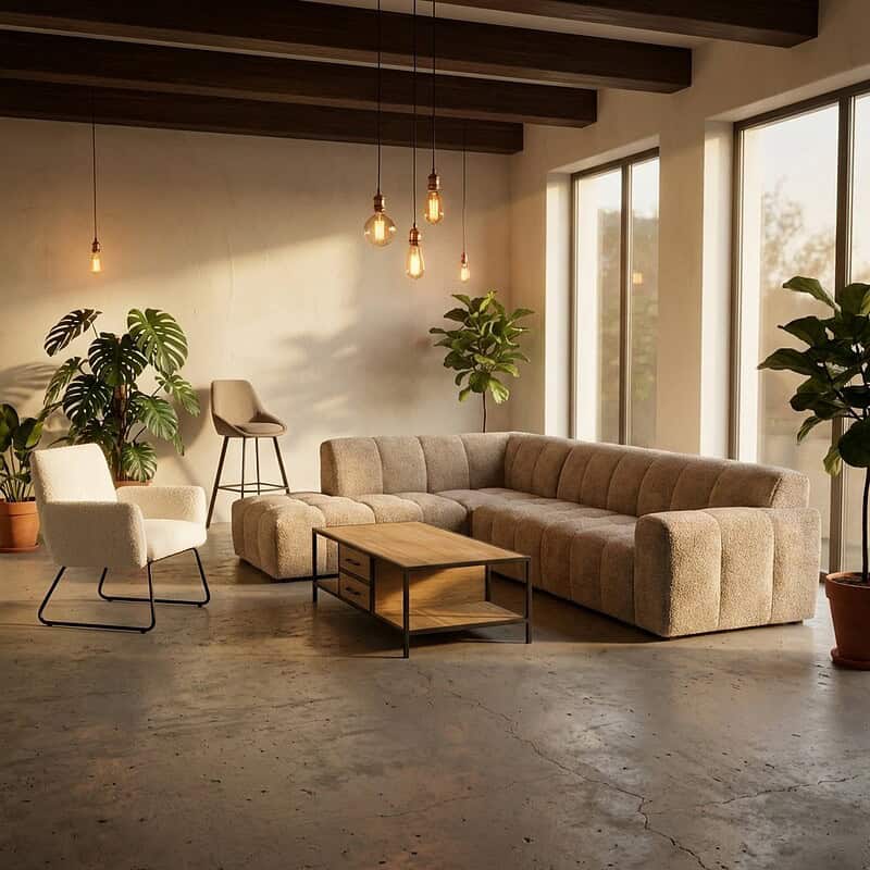 Ein gemütliches Wohnzimmer mit einem großen beigen Sofa, grünen Pflanzen und großen Fenstern, die viel Tageslicht hereinlassen – perfekt für einen stilvollen und gemütlichen Wohnraum.