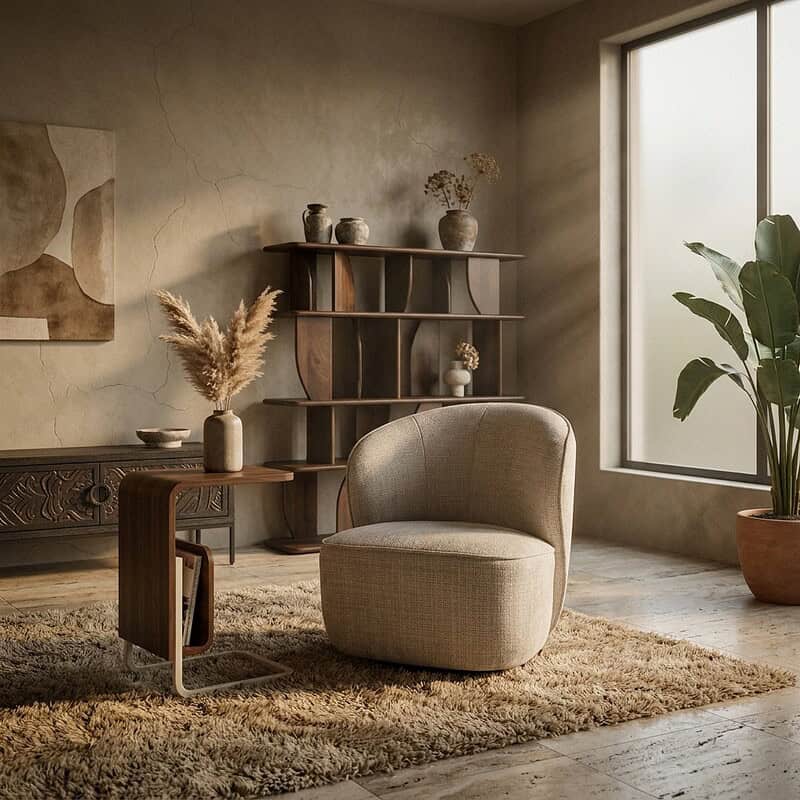 Gezellige woonkamer met Mokana meubelen, inclusief een comfortabele fauteuil, houten salontafel en decoratieve accessoires, in een natuurlijke en rustgevende sfeer.
