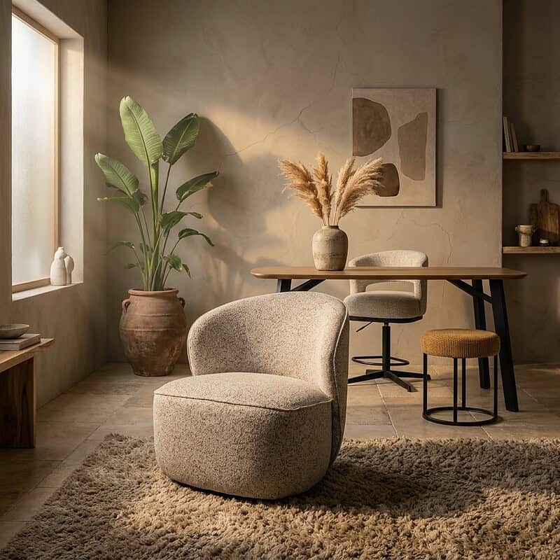 Gezellige interieurfoto met houten eettafel, comfortabele stoelen, grote groene plant en decoratieve vazen in een warm verlichte kamer.