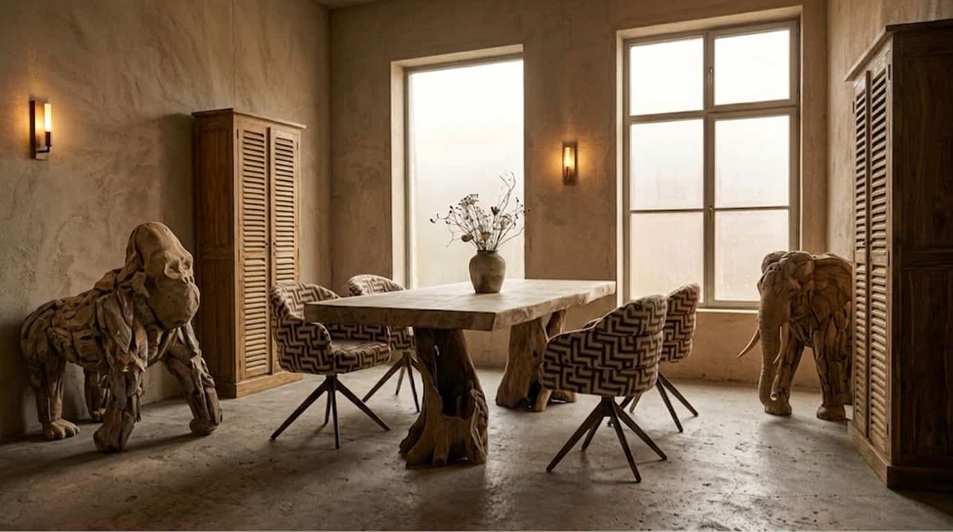 Boomstamtafel suarhout met unieke wortelpoten en houten dieren