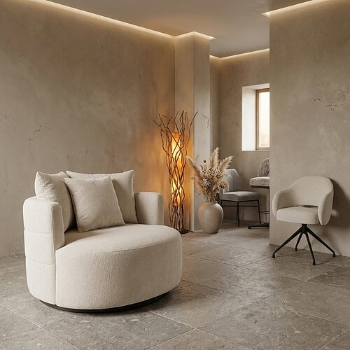 Eleganter, drehbarer Bolza-Sessel in Elfenbeinfarbe im Trenza-6-Design, perfekt für ein modernes Wohnzimmer.