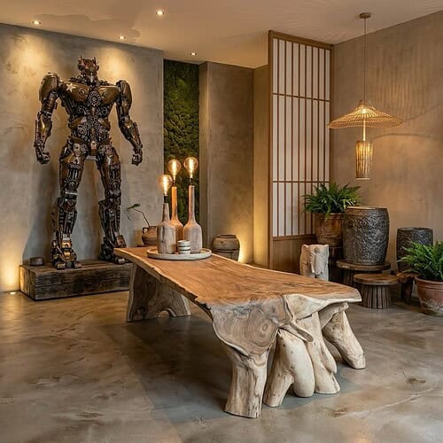 Massief Boomstamtafel Suarhout 320cm | Unieke Poot Massief suarhouten boomstamtafel van 320cm met unieke houten poot, perfect voor een natuurlijke en robuuste eethoek.