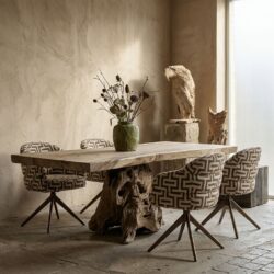 Boomstamtafel suarhout met enkele boomstampoot en stoelen – handgemaakt, uniek | Mokana Meubelen Enschede