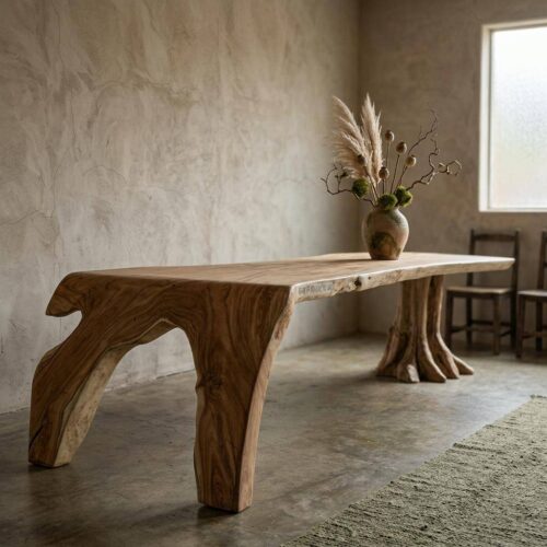 boomstamtafel waterval suarhout 340cm interieur lifestyle | Heb je wel eens door de ramen naar prachtig ingerichte woonkamers in Nederland gekeken? Een salontafel versierd met bloemen staat voor een gezellige en aantrekkelijke bank, daarachter zie je een eettafel voor gezellige bijeenkomsten en in de vensterbank staan smaakvolle vazen. Meubelwinkel Nederland | boomstamtafel waterval suarhout 340cm interieur lifestyle