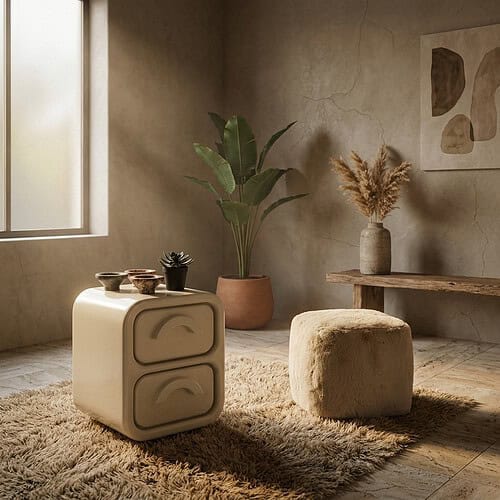 Een stijlvolle, minimalistische kamer met een beige nachtkastje, een zachte poef, en natuurlijke decoraties zoals een grote plant en een vaas met gedroogde bloemen.