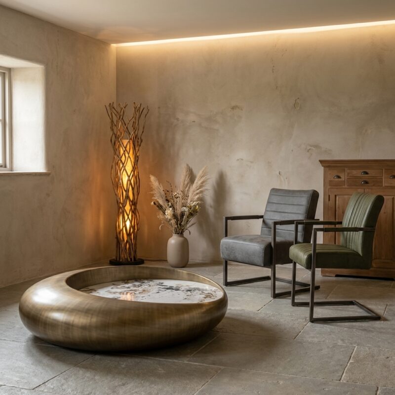 Ronde salontafel in bronstig materiaal met hotelchique stijl