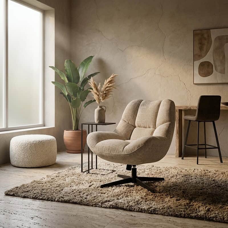 Luxe Mokana lounge stoel in een modern interieur met natuurlijke tinten en zachte texturen. Perfect voor ontspanning en stijl in elke woonkamer.