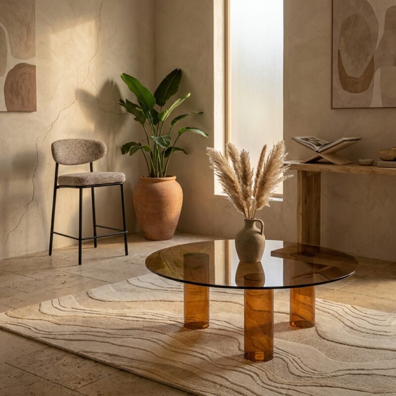 Bruine salontafel Aero van glas en resin uit de IND collectie