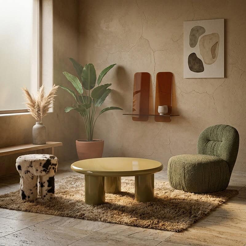 Gemütliches Wohnzimmer mit Möbeln von Mokana, darunter ein grüner Sessel, ein runder Couchtisch und dekorative Wandregale, in einer warmen, natürlichen Atmosphäre.