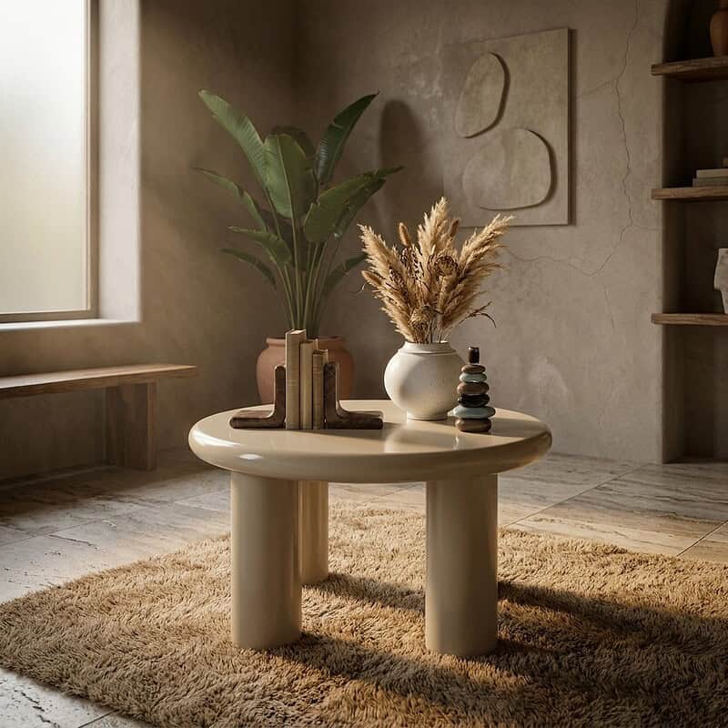 Ein gemütliches Interieur mit einem runden Couchtisch, einer großen Pflanze und dekorativen Vasen in einem minimalistischen Wohnzimmer mit natürlichen Farben und Texturen.