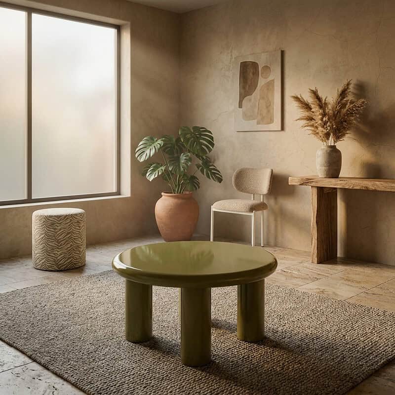 Ein Foto der Inneneinrichtung mit einem Holztisch, einem Stuhl, Pflanzen und Deko in einem minimalistischen Wohnzimmer, das die natürlichen Materialien und die ruhige Atmosphäre unterstreicht.