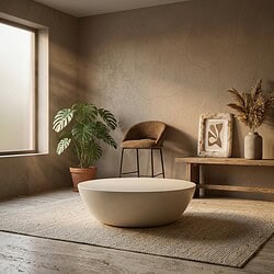 Ein modernes Wohnzimmer mit minimalistischen Möbeln und natürlicher Dekoration, darunter eine große Pflanze, eine Holzbank und ein einzigartiger weißer Beistelltisch, in einer hellen, beruhigenden Atmosphäre.