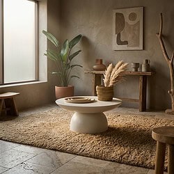 Ein stimmungsvolles Interieur mit Möbeln von Mokana, darunter ein runder Couchtisch, Pflanzen und Deko-Accessoires in einem minimalistischen Wohnzimmer.