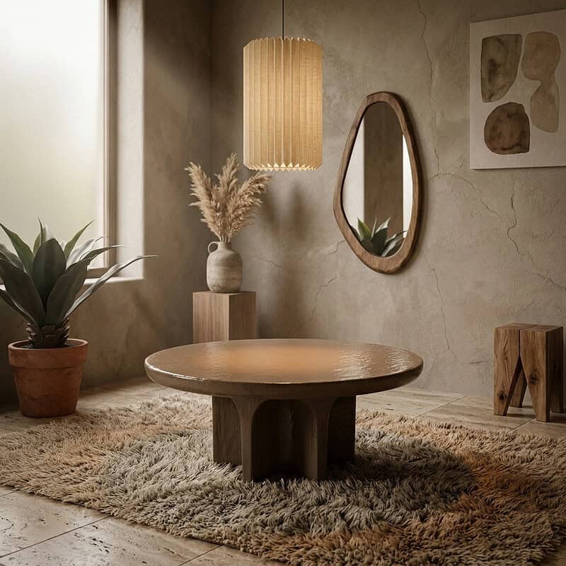 Ein eleganter Couchtisch aus Holz in einem minimalistischen Interieur mit weichen Teppichen, Pflanzen und natürlichen Deko-Elementen, die für eine warme Atmosphäre sorgen.