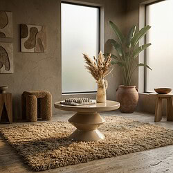 Gemütliches Wohnzimmer mit großen Pflanzen, Holzmöbeln und einem weichen Teppich – perfekt für eine warme und einladende Atmosphäre.