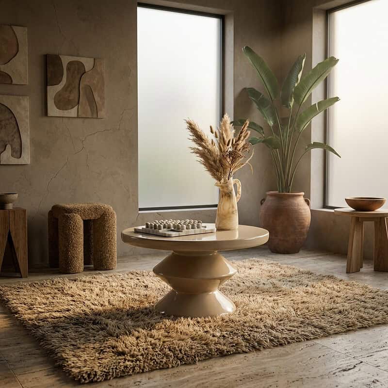 Gemütliches Wohnzimmer mit großen Pflanzen, Holzmöbeln und einem weichen Teppich – perfekt für eine warme und einladende Atmosphäre.