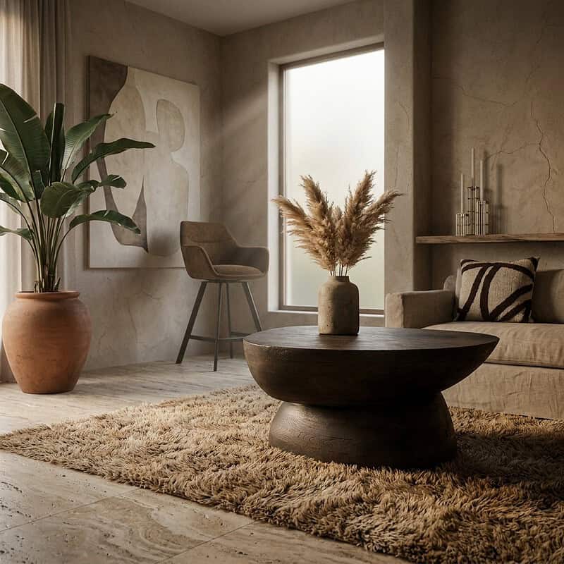 Gemütliches Wohnzimmer mit modernen Möbeln, großen Pflanzen und natürlichen Dekoelementen – perfekt für einen gemütlichen und stilvollen Wohnraum.