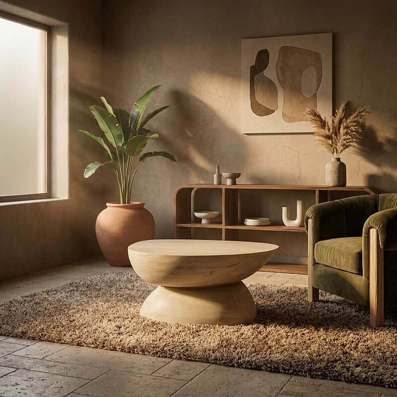 Moderner Couchtisch aus Holz in einem gemütlichen Wohnzimmer mit natürlicher Dekoration und sanfter Beleuchtung. Perfekt für einen stilvollen und funktionalen Wohnbereich.