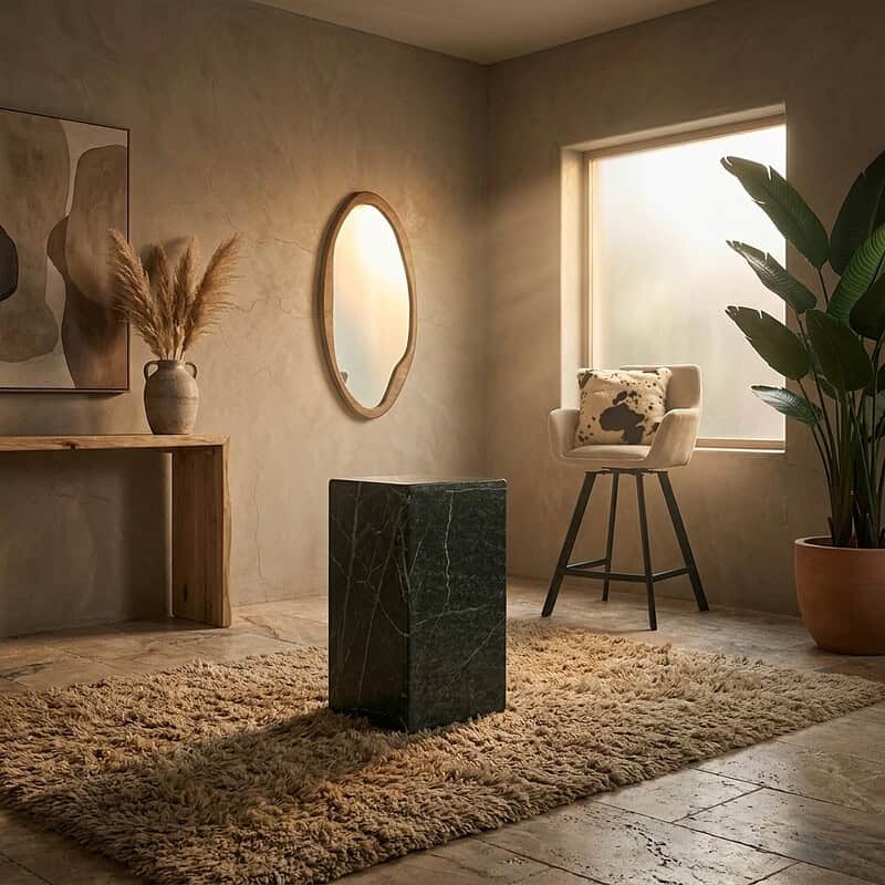 Ein Interieur mit einem Holztisch, einem Spiegel, einem Stuhl und einer großen Pflanze in einem hellen, minimalistischen Raum mit natürlichem Lichteinfall.