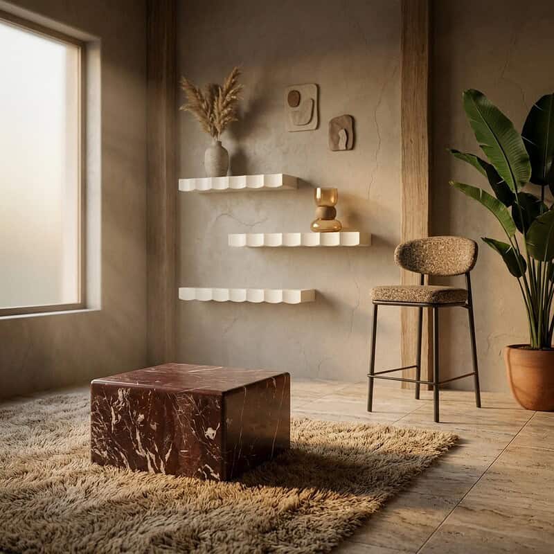 Ein Interieur mit einem Marmor-Couchtisch, einem Stoffsessel, Wanddekorationen und einer großen Pflanze in einem hellen, natürlichen Raum.