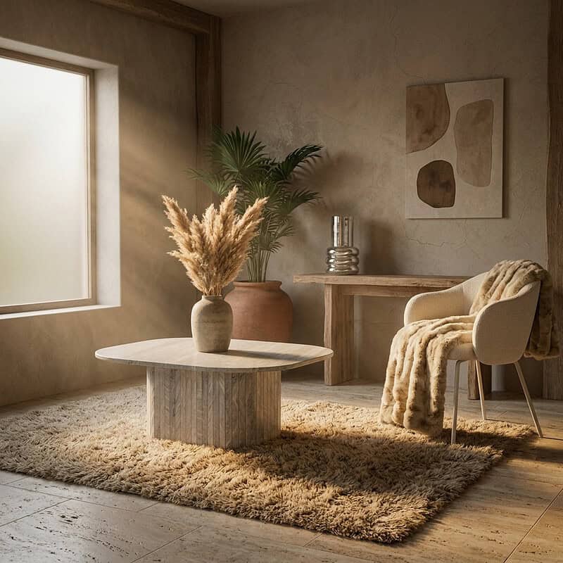 Ein gemütliches Wohnzimmer mit Möbeln aus Naturholz, weichen Stoffen und warmer Dekoration – perfekt für einen komfortablen und stilvollen Wohnraum.