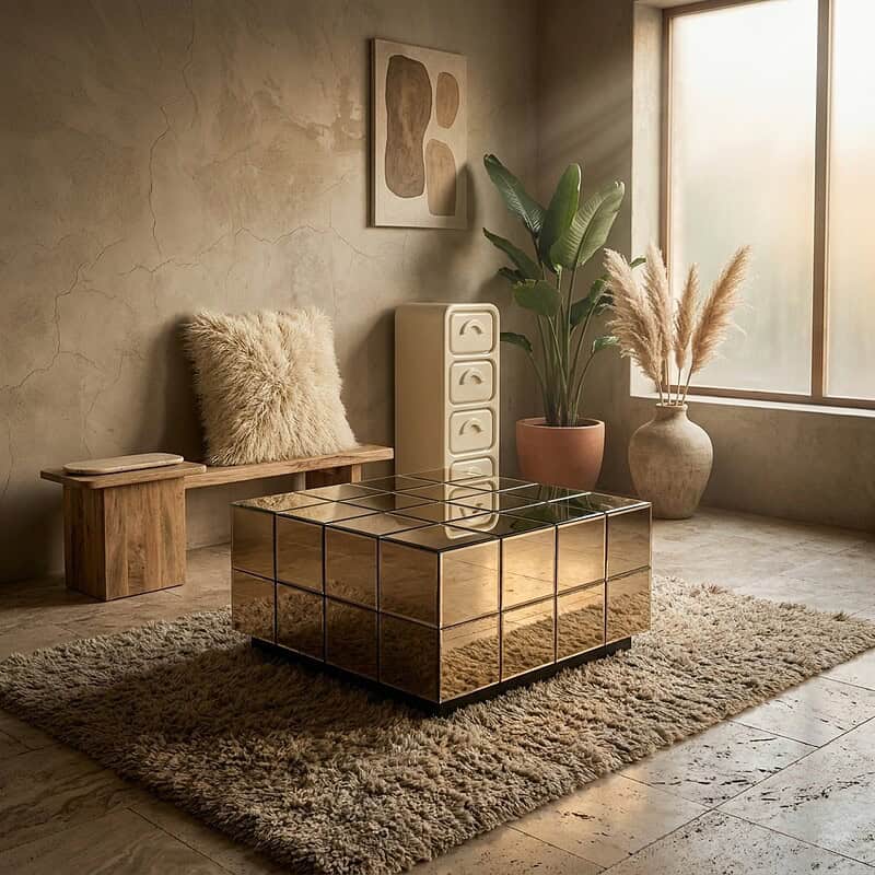 Modernes Wohnzimmer mit Holzsofa, Glas-Couchtisch, großen Pflanzen und Naturdeko – perfekt für eine stilvolle und gemütliche Atmosphäre.