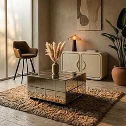 Ein elegantes und modernes Wohnzimmer mit einem verspiegelten Couchtisch, einem bequemen Sessel und grünen Pflanzen, die für eine stilvolle und gemütliche Atmosphäre sorgen.