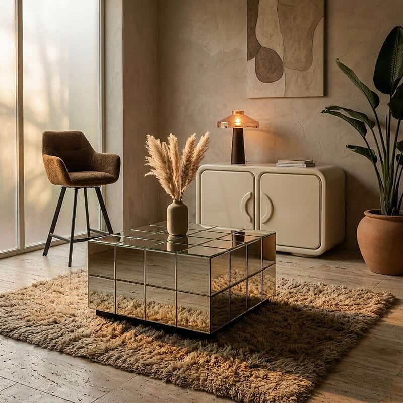 Ein elegantes und modernes Wohnzimmer mit einem verspiegelten Couchtisch, einem bequemen Sessel und grünen Pflanzen, die für eine stilvolle und gemütliche Atmosphäre sorgen.