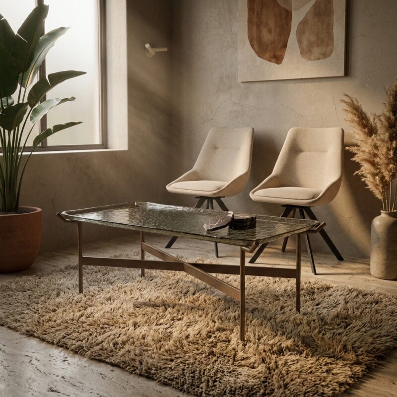 Bruine salontafel Liri van metaal en glas in retro stijl