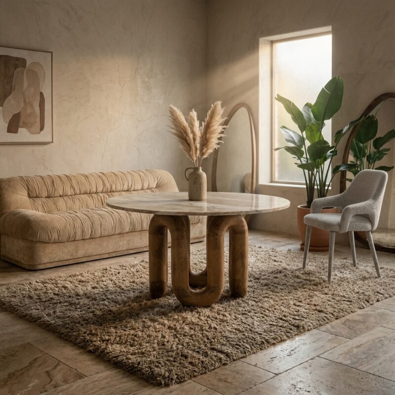 Coffee table LoopStone van mangohout en marmer met natuurlijke gelakte afwerking