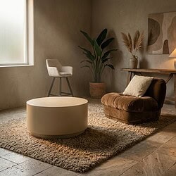 Gemütliches Wohnzimmer mit Möbeln von Mokana, darunter ein bequemer brauner Sessel, ein runder Couchtisch und eine hohe Pflanze, in einem warmen, minimalistischen Ambiente.