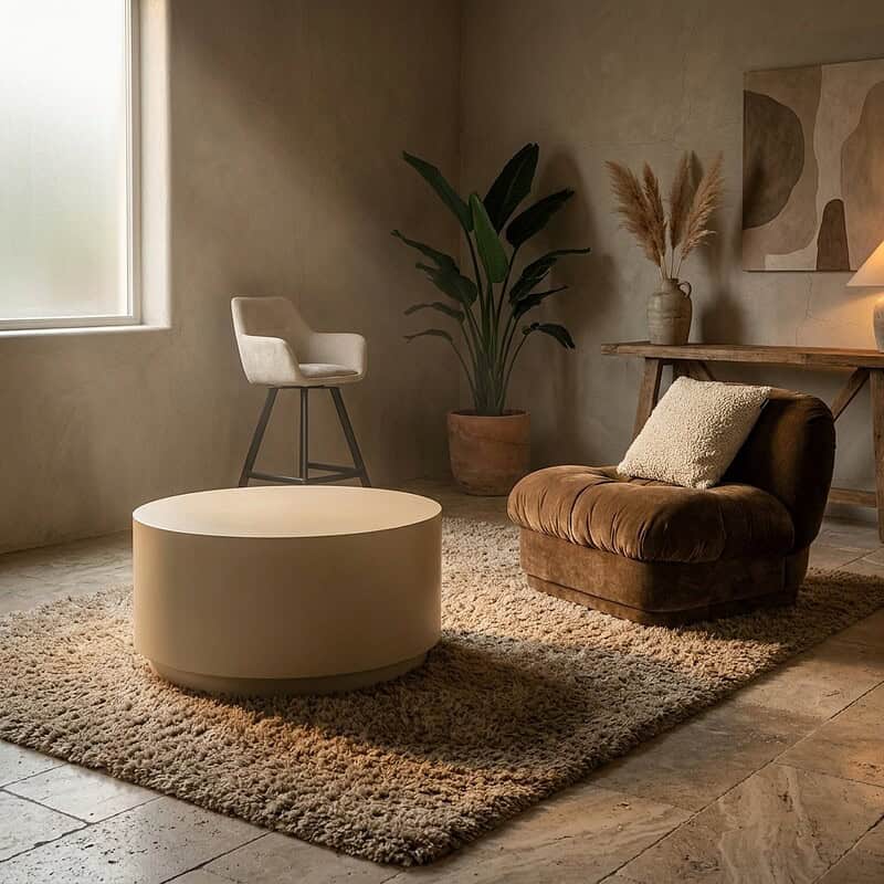 Gemütliches Wohnzimmer mit Möbeln von Mokana, darunter ein bequemer brauner Sessel, ein runder Couchtisch und eine hohe Pflanze, in einem warmen, minimalistischen Ambiente.